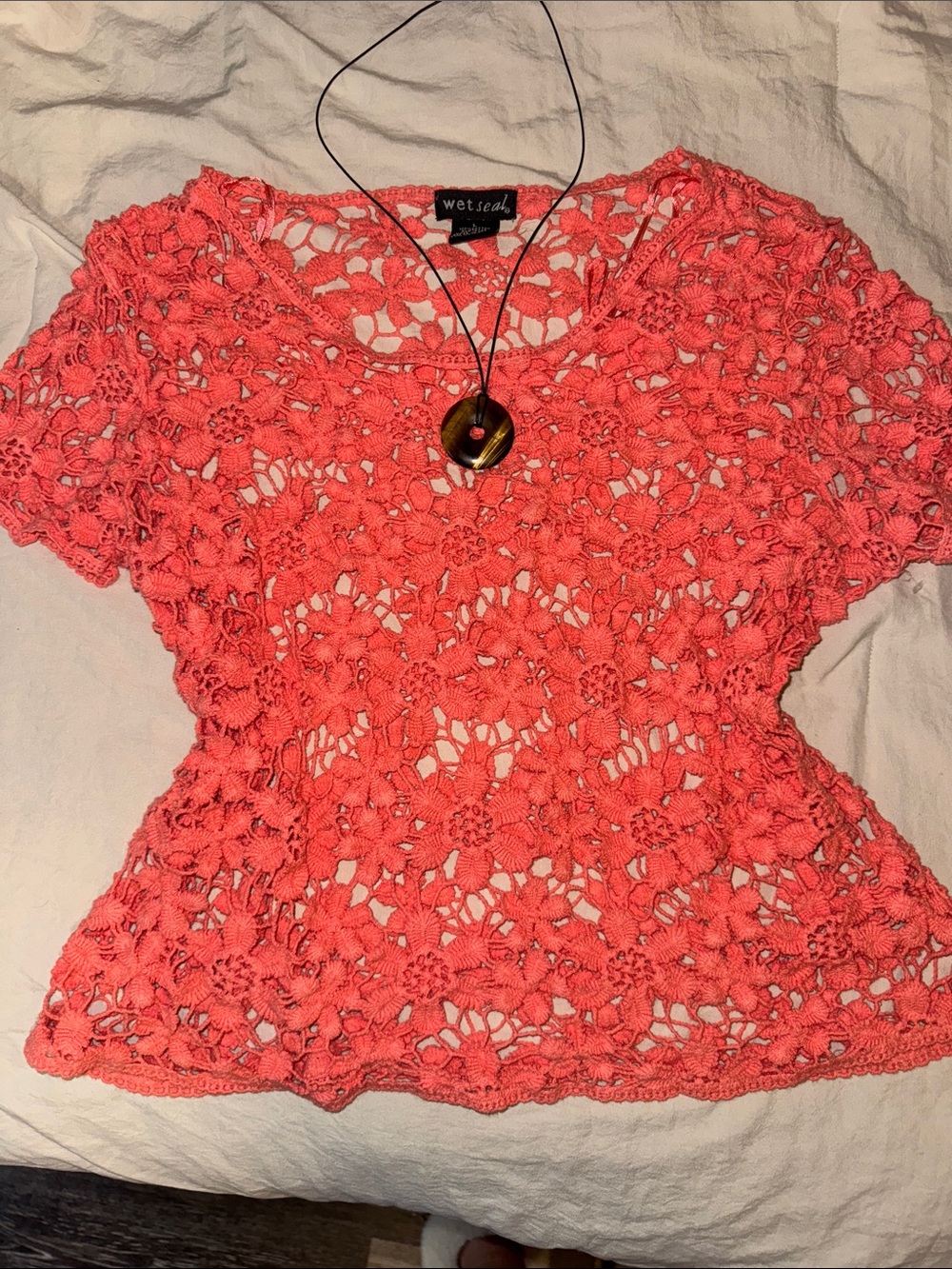 Wet Seal Coral Crochet Floral Short Sleeve Top